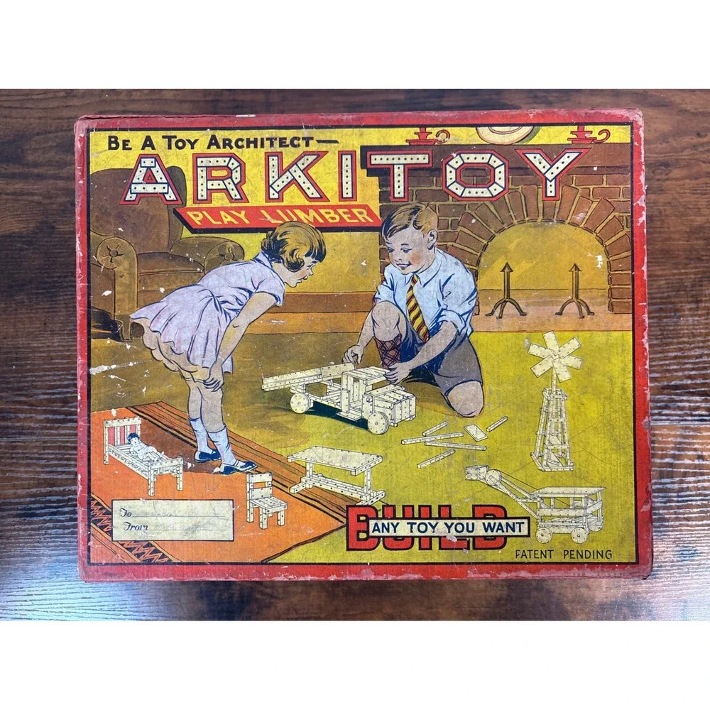 Vintage Arkitoy Play Lumber No 4 Set GB Lewis Wood Construction Toy 1920s Box
